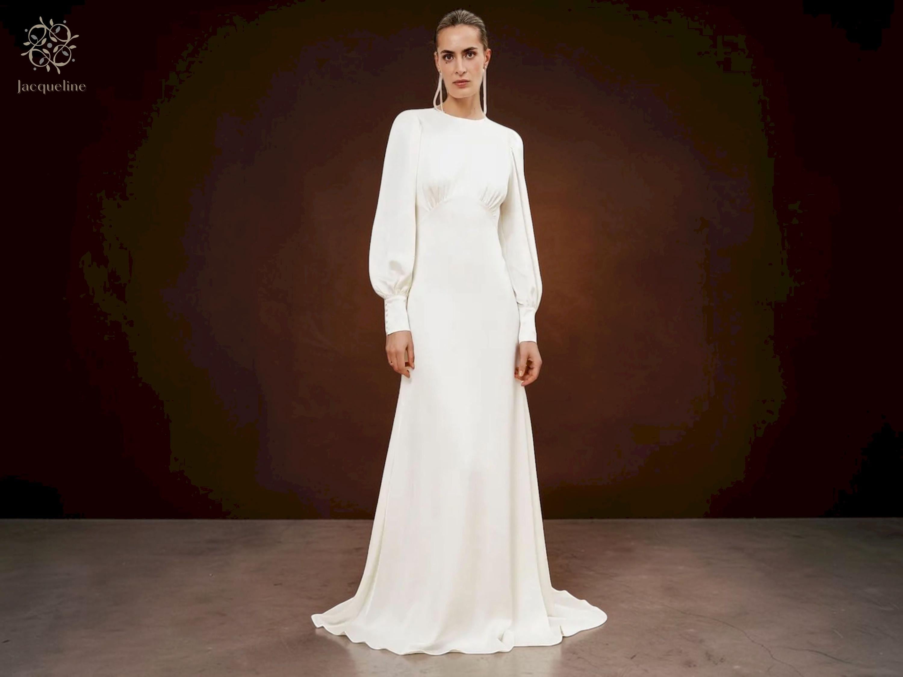 white empire waist dress long sleeve Modest Vintage Style Empire Waist Long Sleeves Lace Dress Formal Evening Gown Prom Dress X027 Size 16 / White main image 0
