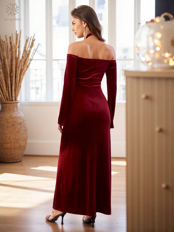 Burgundy Velvet Maxi Dress, Off-Shoulder Halter Neck Evening Gown