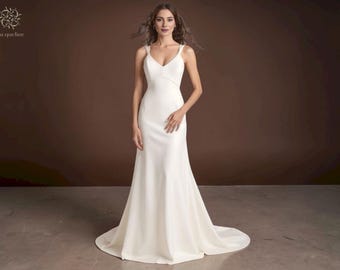 Minimalist Crepe Wedding Dress: Criss Cross Back, Spaghetti Straps