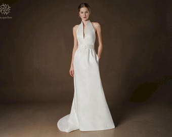 Satin-Neckholder-Hochzeitskleid: Minimalistisches A-Linien-Kleid mit offenem Rücken