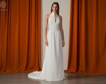 Satin Halter Wedding Dress: Minimalist Open Back A-Line Gown