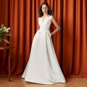 Modern A Line Wedding Dress with Notched V Neck, Elegant Low Square Back Wedding Dress with Sweep Train, Minimalist Satin Wedding Dress.