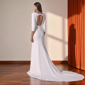 Minimalist Open Back Crepe Wedding Dress, Simple Elegant Wedding Dress with Boat Neck, Modest Wedding Dress with Long Train, Gift For Bride.