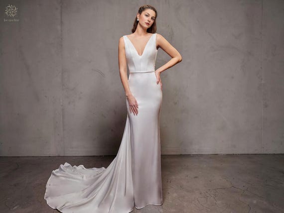 Minimalist Satin Fit and Flare Wedding Dress, Modern Open Back Bridal Gown