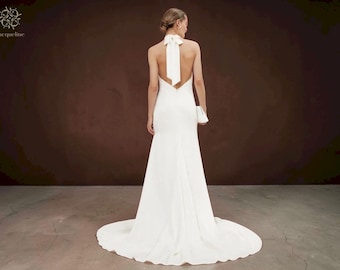 Halter Neck Low Back Wedding Dress: Minimalist Simple Bridal Gown