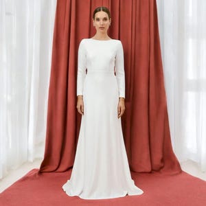 Minimalist Long Sleeve Wedding Dress: Simple Low Back Bridal Gown