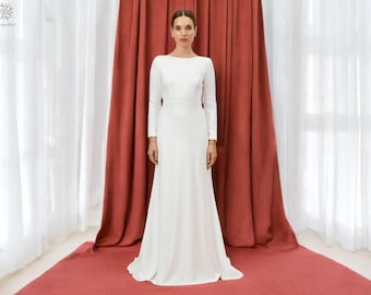 Minimalist Long Sleeve Wedding Dress: Simple Low Back Bridal Gown