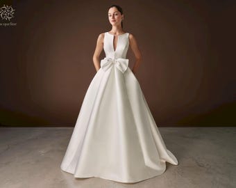 Elegant Taffeta Ball Gown Wedding Dress, Double Bow Front, Open Back Bateau Neckline