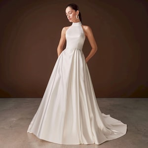 Minimalist Satin Halter Wedding Gown: Open Back Chapel Train