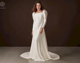 Satin Wedding Dress, Elegant Puff-Sleeve, Square Neck, Open Back, Long Train