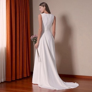 Simple Elegant Wedding Dress with Chapel Train, Minimalist Civil Ceremony Dress, A Line Squared Neck Wedding Dress, Crepe Ivory Wedding Gown