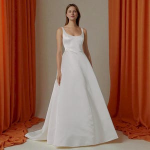 Minimalist Satin A-Line Wedding Dress: Square Neck, Open Back, Chapel Train