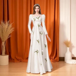 Simple Elegant Long Sleeve A Line Wedding Dress, Modern Wedding Dress with Open Back, Square Neck 3D Tulip Floral Applique Wedding Gown.