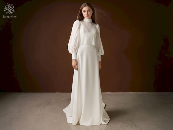 elegant crepe wedding dresses Long Sleeve Crepe Wedding Dress with Bateau Neckline – Lotus Threads Bridal