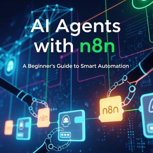Könnte beinhalten: Digitalgrafik mit dem Text "AI Agents with n8n" und "A Beginner's Guide to Smart Automation". Das Bild zeigt Roboterarme, die mit leuchtenden digitalen Blöcken und Schaltkreisen interagieren, vor einem dunkelblauen Hintergrund.