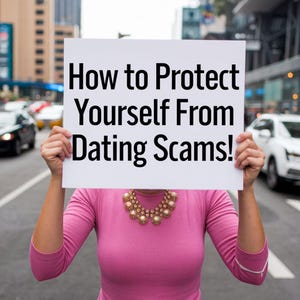 Peut inclure: Une personne tenant une pancarte blanche avec le texte "How to Protect Yourself From Dating Scams!" en lettres noires.