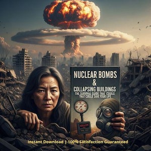 May include: An apocalyptic scene with a mushroom cloud over a city. A woman looks at the viewer, holding a book titled "Nuclear Bombs & Collapsing Buildings." The book cover features a gas mask and a gauge. The text "Instant Download | 100% Satisfaction Guaranteed" is at the bottom.