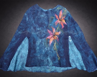Lilies in Blue Felted Wool Poncho, Floral Beaded Merino Wearable Art, One of a Kind