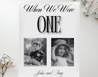 Puede incluir: Collage de fotos en blanco y negro de dos bebés, un niño y una niña, con el texto "When We Were One" y "John and Amy" debajo de las fotos.