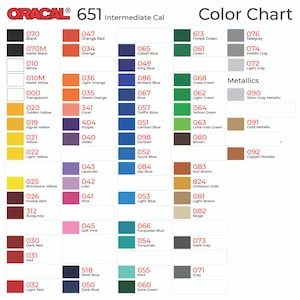 May include: Color chart for ORACAL 651 Intermediate Cal vinyl. Displays a wide array of colors, including black, white, red, orange, yellow, green, blue, purple, and metallic shades. Each color is labeled with a number and name for easy reference.