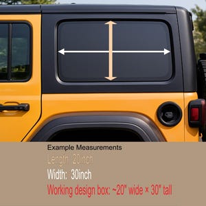 May include: A yellow SUV with a black top and window. White arrows indicate measurements on the rear window. Text at the bottom states: Length: 20 inches, Width: 30 inches, and Working design box: ~20" wide x 30" tall.