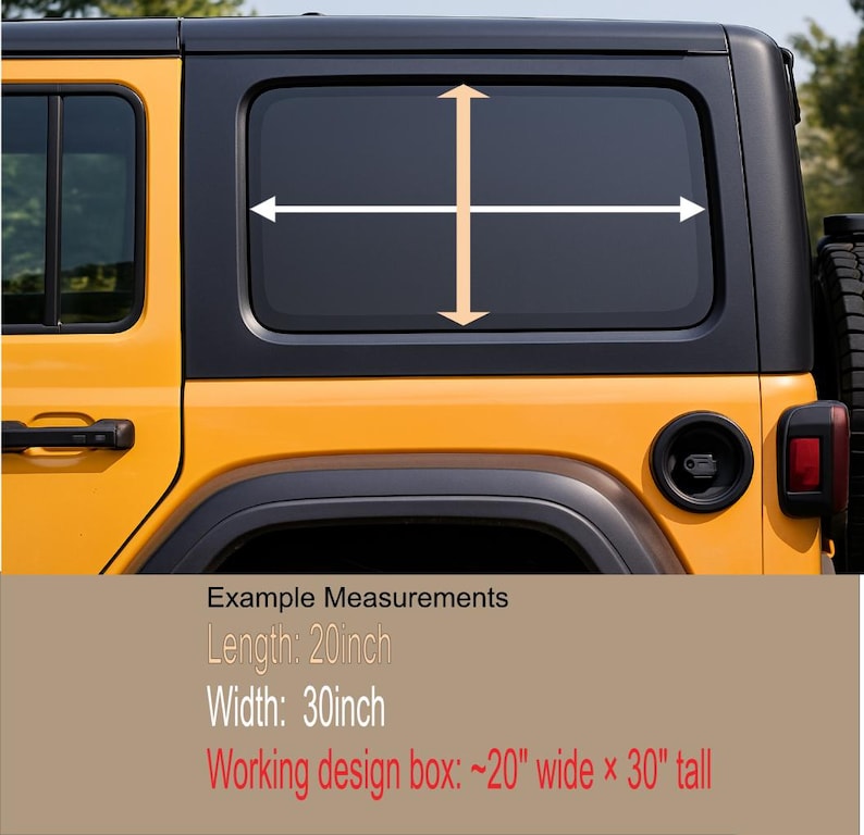 May include: A yellow SUV with a black top and window. White arrows indicate measurements on the rear window. Text at the bottom states: Length: 20 inches, Width: 30 inches, and Working design box: ~20" wide x 30" tall.
