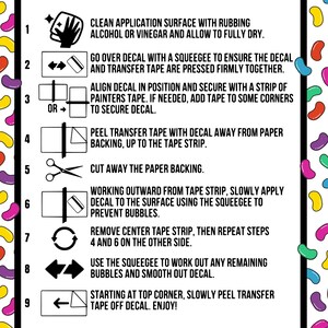 May include: A white instructional guide with black text on how to apply a decal. The guide includes numbered steps with illustrations, such as using a squeegee and peeling tape. The border is decorated with colorful jelly bean shapes.