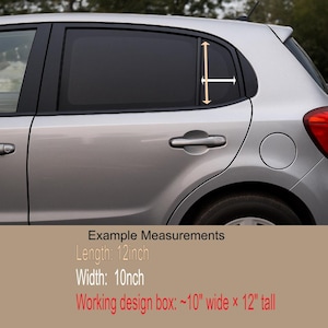 May include: Silver car with a tinted rear window. The image includes example measurements: 12 inches in length and 10 inches in width. The working design box is approximately 10 inches wide by 12 inches tall.