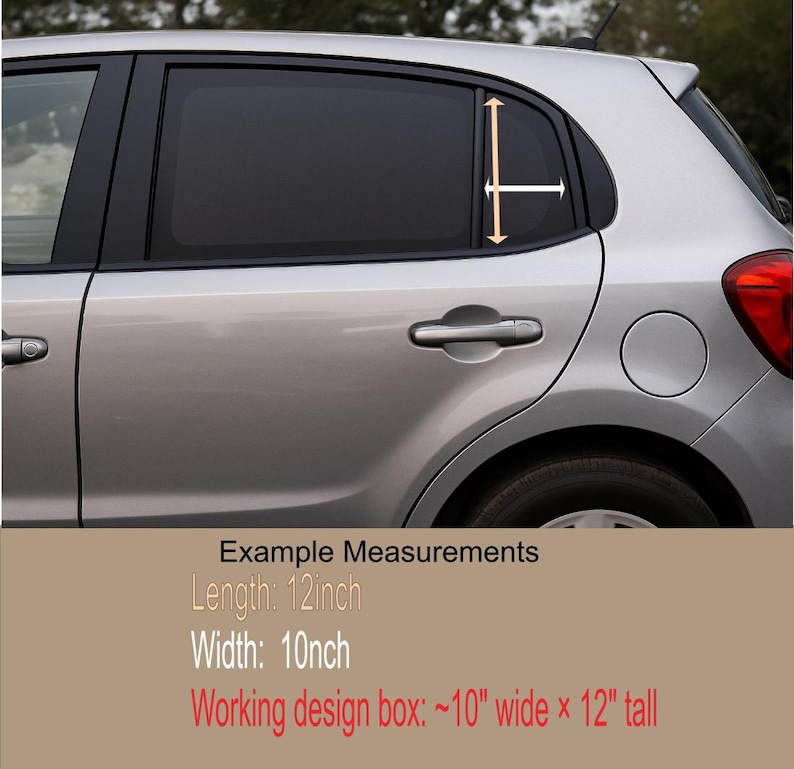 May include: Silver car with a tinted rear window. The image includes example measurements: 12 inches in length and 10 inches in width. The working design box is approximately 10 inches wide by 12 inches tall.