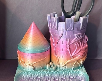 3D Printed Dragon Castle Desk Organizer: Medieval Pen & Phone Holder