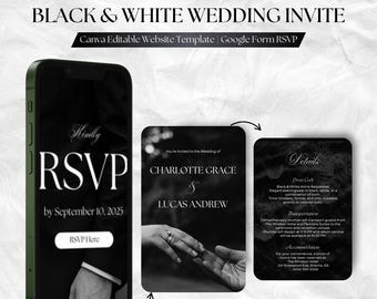 Elegante invitación de boda en blanco y negro: Plantilla minimalista de Canva (descarga digital)