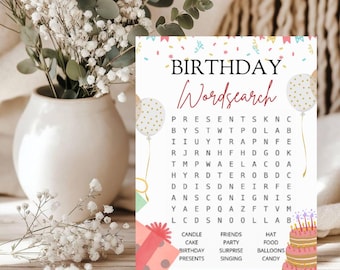 Juego imprimible de búsqueda de palabras para cumpleaños / Actividad divertida para fiestas de cumpleaños / Descarga instantánea
