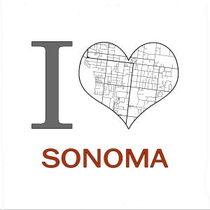May include: A graphic design with the text "I love Sonoma" in a white background. The word "I" is in gray and the word "Sonoma" is in red. A heart shape with a black outline contains a map of Sonoma, California.