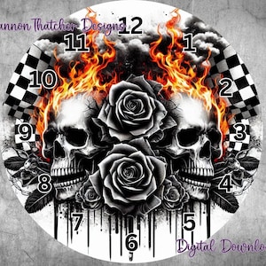 May include: Round clock face featuring skulls, roses, and flames. The design includes a checkered flag, numbers, and the text "Digital Download". The clock face is predominantly black, white, and orange.