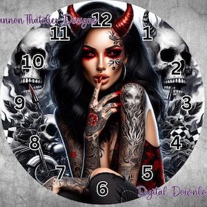 May include: Round wall clock featuring a woman with devil horns, tattoos, and red accents. The clock face includes skulls, a motorcycle, and the numbers 1 through 12. The text "Rhiannon Thatcher Designs" and "Digital Download" are also visible.