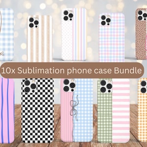 Pode incluir: Uma coleção de dez capas de telefone com vários padrões, incluindo listras, xadrez e bolinhas. As capas apresentam uma variedade de cores, como rosa, azul e marrom. O texto "10x Sublimation phone case Bundle" é exibido.