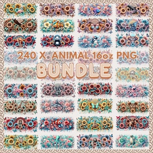 May include: A digital collection of 240 animal-themed 16oz PNG designs featuring various creatures like flamingos, pandas, and owls surrounded by sunflowers, roses, and butterflies in a vibrant, colorful, and detailed artistic style.