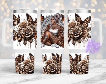 Estampado de leopardo, vaso de 40 oz, digital, impresiones por sublimación, Rhiannon Thatcher, frases atrevidas, PNG de 40 oz, rosas con estampado de leopardo, chica tatuada