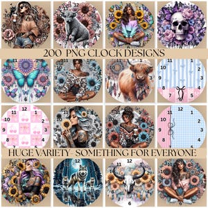 May include: A collection of clock designs with various themes, including floral, animal, and portrait illustrations. The clocks feature a variety of colors and styles, with the text "200 PNG CLOCK DESIGNS" and "HUGE VARIETY - SOMETHING FOR EVERYONE".