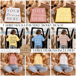 May include: A selection of t-shirt mockups in shades of white, pink, and yellow, each displaying the text "YOUR Design HERE". The image also features the text "T-SHIRT MOCK UP BUNDLE BOHO/BEACH" and "9 T-SHIRT MOCK UP BUNDLE 3 FREE DESIGNS INCLUDED".