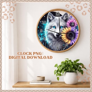 May include: A round wooden wall clock with a white wolf, blue eyes, a dreamcatcher, and flowers. The clock face has numbers 1 to 12. The text "CLOCK PNG | DIGITAL DOWNLOAD" is below the clock. The clock is a decorative item.
