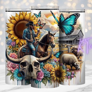 Cowboy, Highland, chevaux, western 20 oz Design PNG, numérique, fille tatouée, impression par sublimation, meilleure vente, coucher de soleil, Rhiannon Thatcher