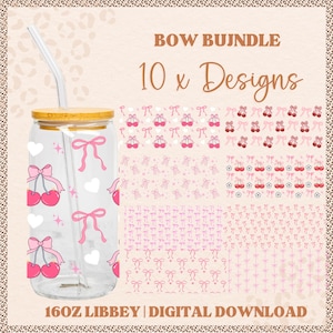 May include: A clear glass Libbey can with a bamboo lid, a glass straw, and pink bow and cherry designs. The image also shows 10 digital designs with pink bows and cherries. Text on the image reads "BOW BUJNDLE" and "10 x Designs".