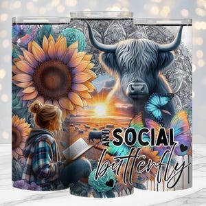 Highland Kuh, antisozialer Schmetterling 20 Unzen Design PNG, Digital, Tattoo Girl, Sublimationsdruck, Bestseller, Sonnenuntergang, Rhiannon Thatcher