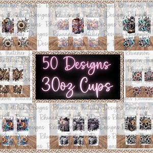 Pode incluir: Coleção de canecas de 30 oz com vários designs, incluindo padrões florais, girassóis e gráficos. A imagem exibe várias canecas com diferentes obras de arte, e o texto "50 Designs 30oz Cups".