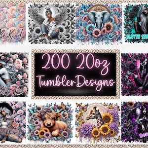 May include: A selection of 200 tumbler designs, each with distinctive artwork. Designs include floral arrangements, angel figures, and gothic-inspired illustrations. The designs are set against a leopard print border.