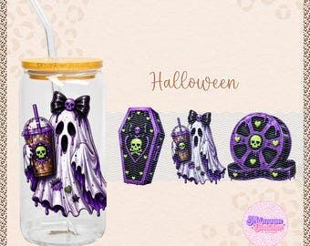 May include: A clear 16oz Libbey glass cup with a bamboo lid and glass straw, featuring a graphic of a white ghost with purple accents, a black bow, and a skull-themed drink. The design includes a coffin, a film reel, and the text Halloween.