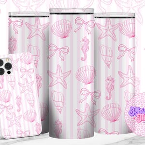 May include: Pink and white striped tumbler cups and a phone case with a seashell, starfish, bow, and seahorse pattern. The design is repeated on the background. A round sticker with the text "Rhiannon Thatcher + designs" is also visible.