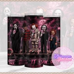 May include: A cylindrical tumbler featuring a dark pink horror-themed graphic of five iconic movie characters standing on a wooden dock, each holding a pink skull-shaped ice cream treat. The names Ghost Face, Freddy Krueger, IT, Saw, and Chucky are printed below.