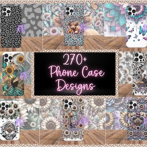 Op de afbeelding: Een verzameling telefoonhoesjes met diverse ontwerpen, waaronder luipaardprint, bloempatronen en artistieke illustraties. De hoesjes worden gepresenteerd op een houten oppervlak, met de tekst "270+ Phone Case Designs" in het midden.